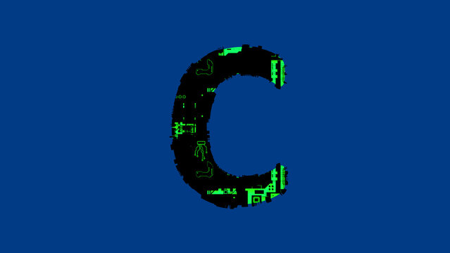 Letter C - High Tech Cyberpunk Black And Green Alphabet On Blue, Isolated - Object 3D Rendering