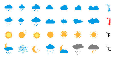  Collection of weather icons. Sun, clouds, wind, thunderstorm, lightning, stars, thermometer.