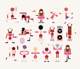 Gekleurde character designs geïsoleerd op een witte achtergrond Dancing Cartoon People vector illustratie. Elk personage is gemaakt op een afzonderlijke laag en kan worden gebruikt als een op zichzelf staande afbeelding.