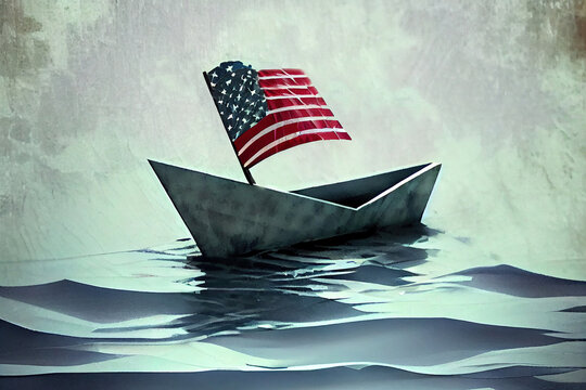 Paper boat with American flag in the sea