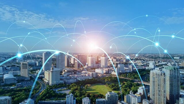 Modern city aerial view and communication network concept. Smart city. Wireless telecommunication.