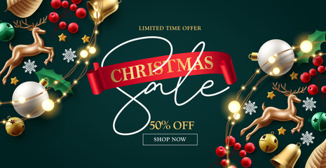 Christmas sale vector banner design. Christmas promo text in red ribbon space with xmas elements for brochure and flyers decoration background. Vector Illustration.