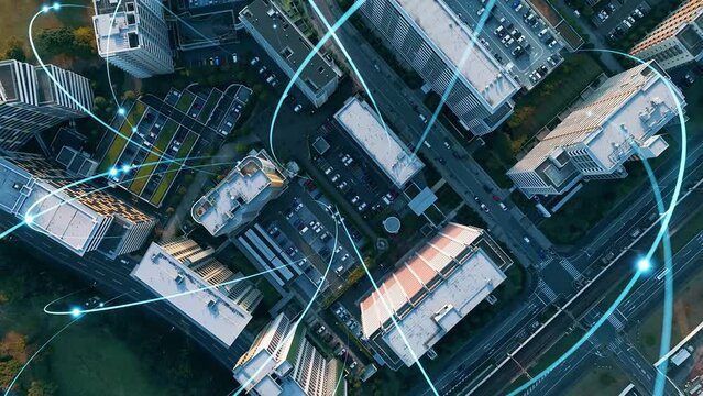 Modern city aerial view and communication network concept. Smart city. Wireless telecommunication.