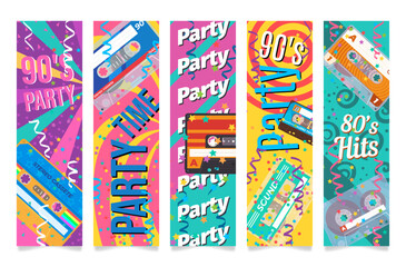 90s party time ad flyer vertical poster set vector illustration. Retro discotheque nineties music