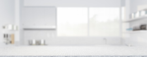 3d rendering of white and gray mosaic counter. Include blur kitchen room, light from window. Modern interior design in perspective. Empty space with texture pattern for product display background.
