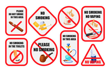 No smoking forbidden symbols in red frame set vector flat illustration