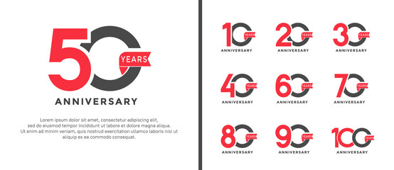 set of anniversary logotype style red and black color with red ribbon for celebration - obrazy, fototapety, plakaty