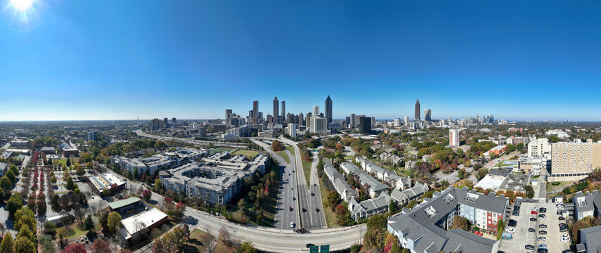 Aerial Panoramic 180 degrees photo out of 21 photos of Jackson Street Bridge view in Downtown Atlanta
