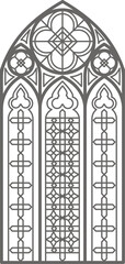 Gothic window outline illustration. Silhouette of vintage stained glass church frame. Element of traditional European architecture. 