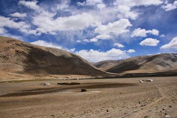 View of the Rajungkaru nomad encampment on the trek to Tso Moriri Lake, Ladakh, India