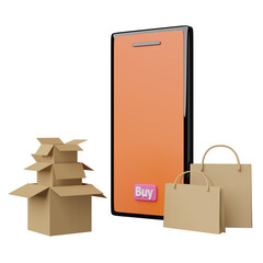 orange mobile phone, smartphone with paper bags,goods cardboard box isolated. online shopping concept, 3d illustration or 3d render