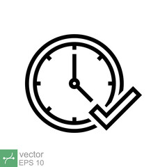Check mark on clock icon. Simple outline style. Real time protection, perfect hour, circle watch, timer concept. Thin line vector illustration isolated on white background. EPS 10.