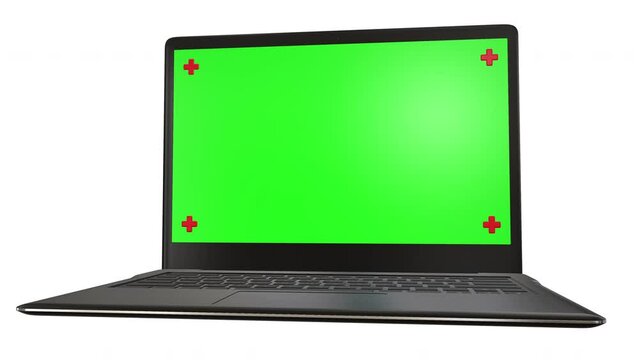 Laptop computer showing green chroma key screen stands. Chroma key stands on a white background, isolate