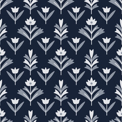 Monochrome vintage floral seamless pattern. Vector flat illustration with retro flowers and leaves isolated on a dark background. Symmetric motif for design of fabric, paper, and other surfaces