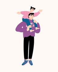 Father carrying his kid on neck. Parent spending time with his daughter. Vector flat illustration