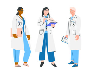Group of clinic doctors isolated on a white background. Hospital worker. Medical staff in uniform. Vector flat illustration