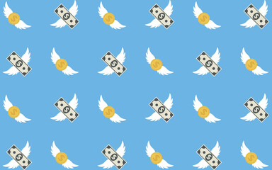 Paper Money and Coins flying seamless pattern background