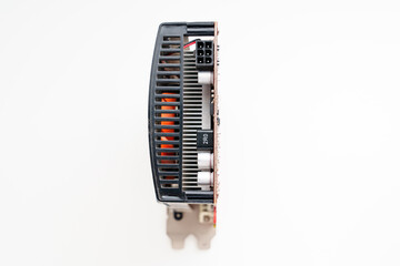 side view. Video card on a white background. A display card, graphics card, or video adapter is an...