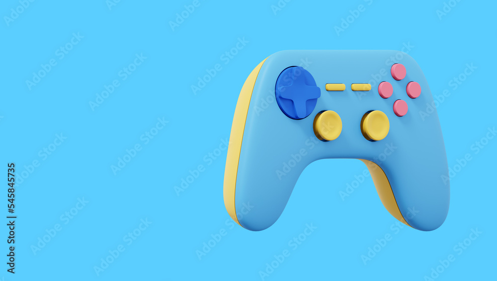 Poster realistic console game controller. multicolored icon on blue background with space for text. 3d rend