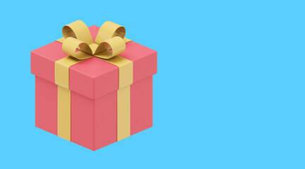 Realistic red gift box with yellow ribbon. 3D rendering. Icon on blue background, text space.