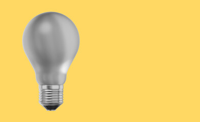 Realistic white light bulb. 3D rendering. Icon on yellow background, text space.