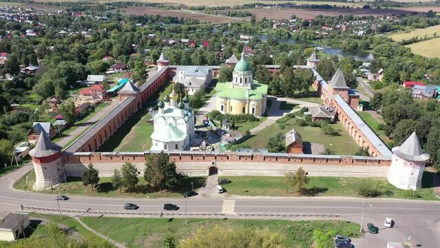 Bird's eye view of Zaraysk Kremlin. St. Nicholas Cathedral and Church of the beheading of St John the Baptist visible from above.