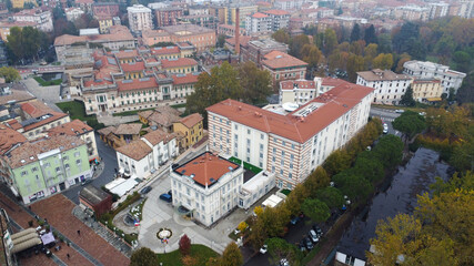 Salsomaggiore Terme Parma ,Italy - November 2022 aerial view of Grand Hotel a foggy autumn morning