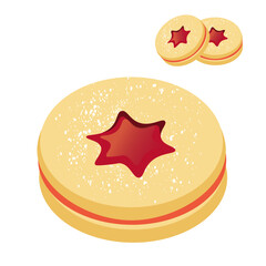 Round shortbread biscuits with jam. A sweet pastry for holiday season. Christmas biscuits with sugar icing. Vector illustration. Isolated design icon on white background.