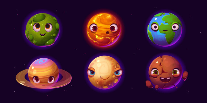 Earth, planets and asteroid characters with different emotions. Cute galaxy objects, funny cosmic globes smile, surprised and sad, vector cartoon set isolated on black background