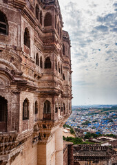 Naklejka premium ancient fort with blue city view and flat bright sky at morning