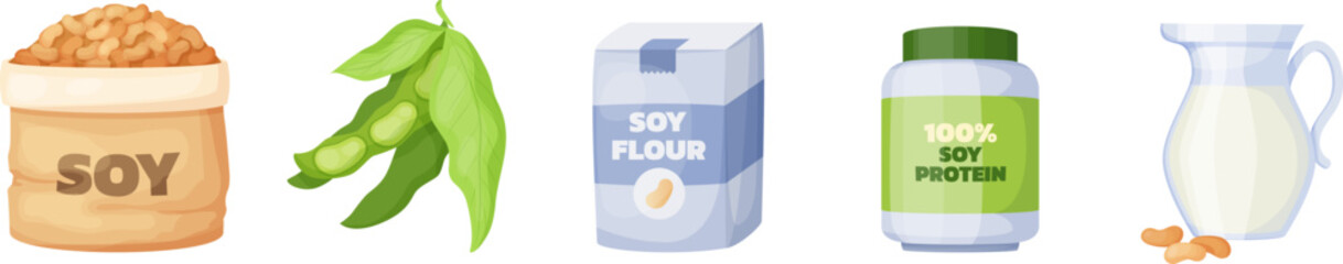 Set of soybean food products, vegetarian protein meal. Organic healthy meal. Green ripe pods, dry brown beans, flour, soy protein, glass of milk cartoon vector