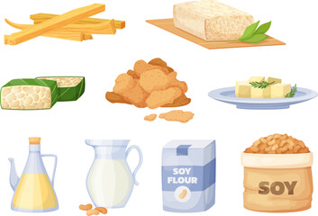 Set of soy containing organic vegetarian food products. Soybean healthy high protein meal. Dry brown beans, flour, oil, milk, tofu cartoon vector