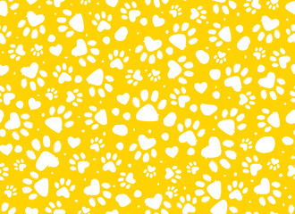 Animal paw print seamless yellow and white pattern. Dalmatian Spots.Vector hand-drawn background. 