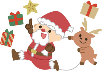 プレゼントを運ぶサンタとトナカイのイラスト　クリスマス