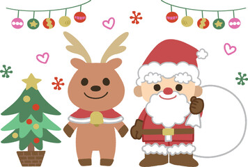 サンタとトナカイとクリスマスツリーのイラスト