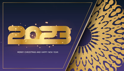 Happy New Year 2023 holiday banner. Golden pattern on Blue.