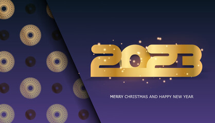 Happy New Year 2023 festive postcard. Blue and gold color.