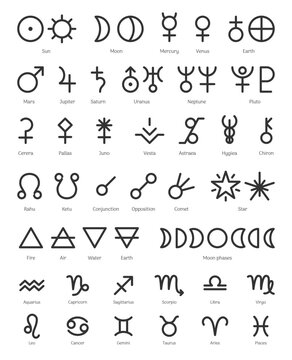 Zodiac symbols, constellations, planets and four elements set. Ritual astrology, ancient alchemy, horoscope signs, planet symbols and Moon phases pictogram elements outline vector illustration