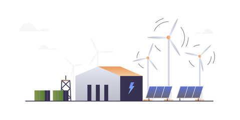 Green industrial factory with renewable energy and wind electricity generators concept flat illustration.	
