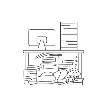 Sleeping employee in workplace burnout problems doodle style.