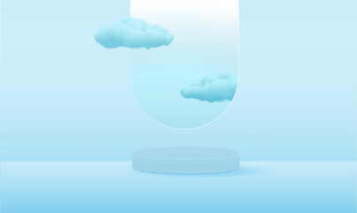 Background product display blue rendered geometric shape with podium and minimal cloudy scene.Vector illustration