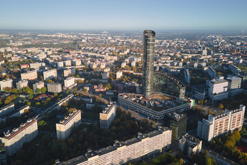 Fototapeta na wymiar Wroclaw city panorama. Aerial view of modern european city with residential districts and street at summer morning