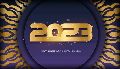 Blue and gold color. 2023 Happy New Year greeting card.
