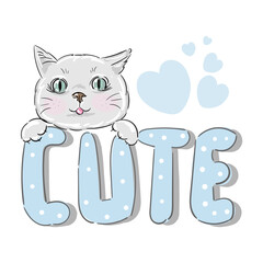 Hand drawn cute cat illustration for t shirt printing on blue background