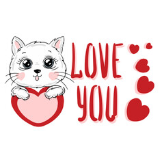 Hand drawn cute cat, red hearts and text Love you cartoon character vector illustration childish design print