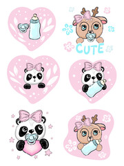 Set of baby animals print, panda and deer with milk and pacifier on pink hearts
