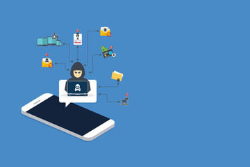 Hacker, malware notification on mobile phone. Smartphone with hacker alert, spam data on cellphone fraud error message, scam, virus.	