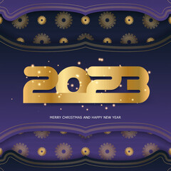 Golden pattern on Blue. Happy 2023 new year greeting background.