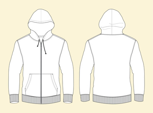 Blank Men's and Women's hoodies in front and back views. Vector illustration. Isolated on white. Zip Up Hoodie Unisex Sweatshirt

