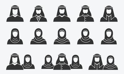 Arabic man and woman glyph icons set. Vector illustration.